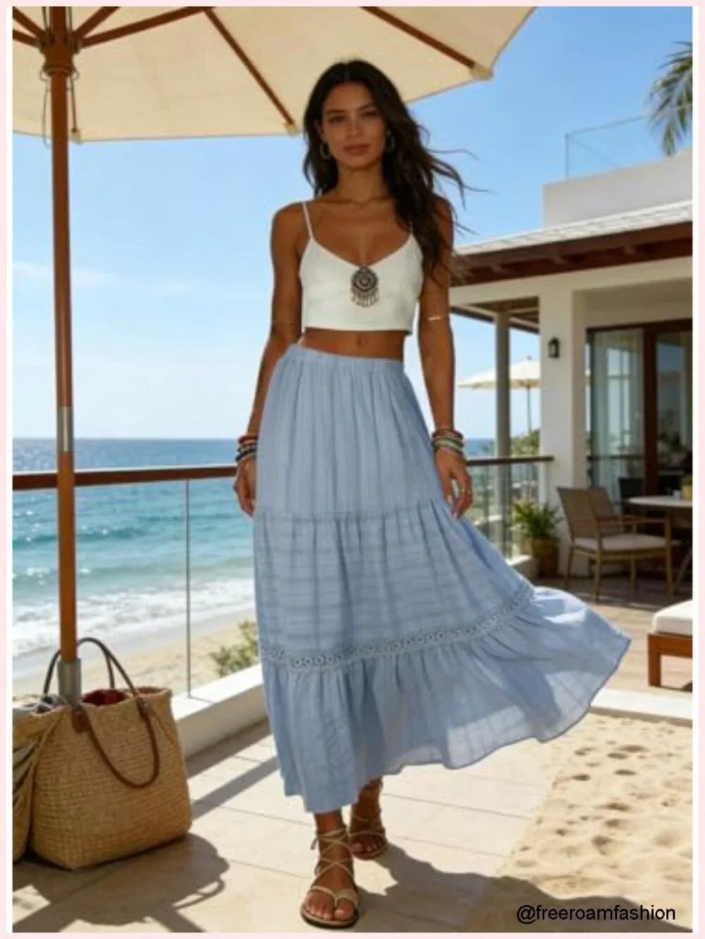 Boho Tiered Maxi Skirt High Waisted Cotton Crochet Lace A-Line Flowy Beach